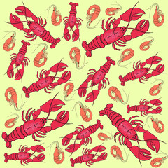 Crawfish and shrimps line vector illustration