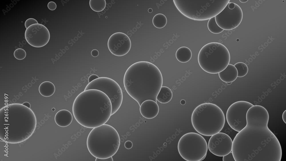 Poster 3d rendering of a set of gray droplets glowing on a gradient background with diagonal stripes. drops