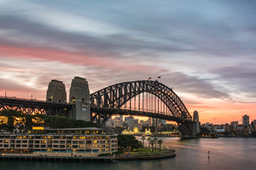 Sydney Harbour Bridge and North Sydney cityscape on sunset