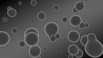 3D rendering of a set of gray droplets glowing on a gradient background with diagonal stripes. Drops coalesce, scattered in the space randomly. abstraction, 3D illustration.