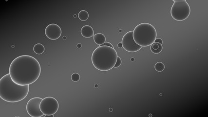3D rendering of a set of gray droplets glowing on a gradient background with diagonal stripes. Drops coalesce, scattered in the space randomly. abstraction, 3D illustration.