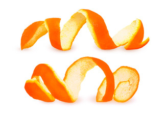 Close-up Spiral peeled fresh orange peels isolated on white background. Two citrus peels