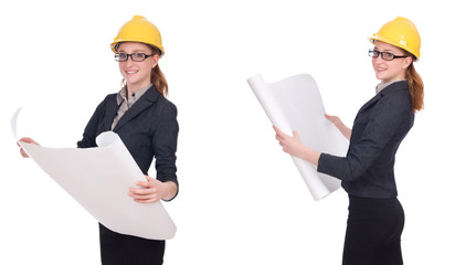 Female architect with blueprint isolated in white 