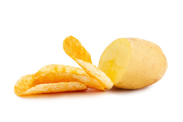 Isolated half of potatoes and crispy salted spicy potato chips on white background
