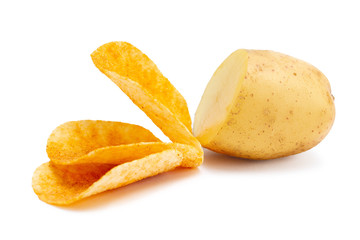 Isolated half of potatoes and crispy potato chips on white background