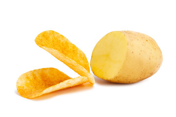 Isolated half of potatoes and crispy potato chips on white background