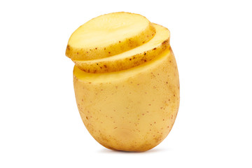 Isolated fresh unpeeled sliced potato on white background. Harvesting potatoes