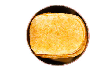 Chips box with potato crunchy salted spicy chips on white background close up. Junk food.