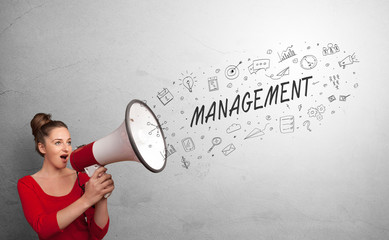 Person holding megaphone and yelling business, management concept
