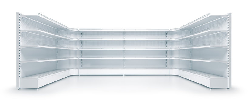 3d empty supermarket shelf isolated on white background