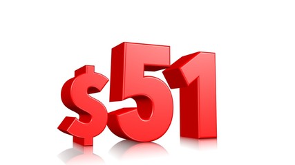 51$ fifty one price symbol. red text 3d  render with dollar sign on white background