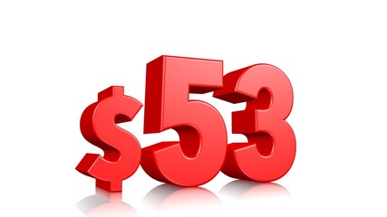 53$ fifty three price symbol. red text 3d  render with dollar sign on white background