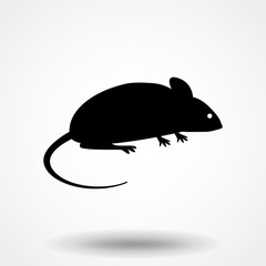 The black silhouette of a rat or mouse is sitting with a tail, paws and ears on a white background