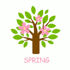 Graphic blossom tree with pink flowers and inscription spring. Logo or icon for ecological and spring design.