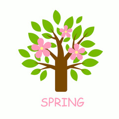 Obraz premium Graphic blossom tree with pink flowers and inscription spring. Logo or icon for ecological and spring design.