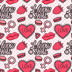 Vector seamless pattern pink love with symbol male and female. Hand drawn elements isolated on white
