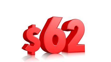 62$ sixty two price symbol. red text 3d  render with dollar sign on white background
