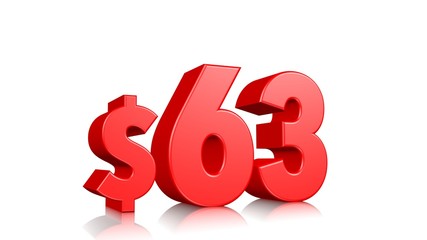63$ sixty three price symbol. red text 3d  render with dollar sign on white background