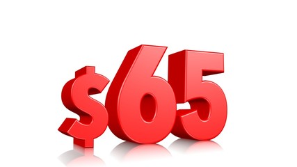 65$ sixty five price symbol. red text 3d  render with dollar sign on white background