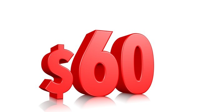 60$ sixty price symbol. red text 3d  render with dollar sign on white background