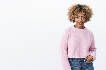 Hey what cha doing. Portrait of outgoing friendly-looking stylish african-american woman with fair...