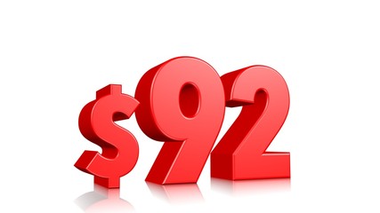 92$ Ninety two price symbol. red text 3d  render with dollar sign on white background