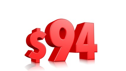 94$ Ninety four price symbol. red text 3d  render with dollar sign on white background