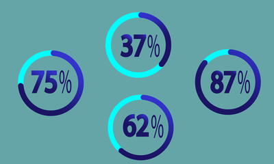Pie charts icons, circular percentage charts. 
