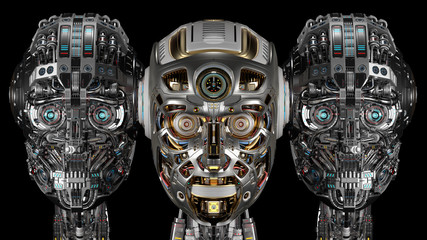 three detailed robot heads or futuristic cyborg faces isolated on black background. 3d render