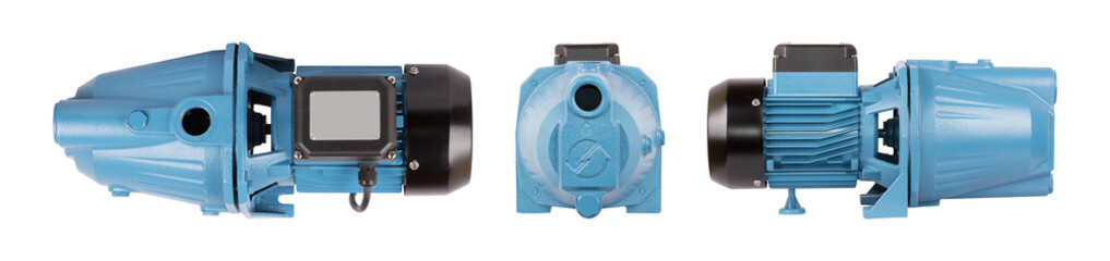 Fototapeta premium Blue pump supply water station water supply. Increased power. Isolated white background. View from front side top. Iron pump housing. Application private homes country house, village, cottage.