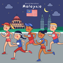 Marathon runners are running on tourist attraction background at night : Vector Illustration