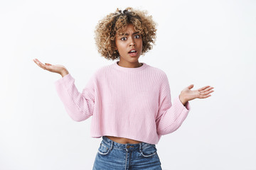 Yo watch your mouth. Portrait of insulted pissed african-american woman with blond haircut raising...