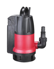 Red plastic drainage pump pumping water, with automatic built-in shut-off float, isolated white background. Flooded premises, pits, wells, basements. Application homes, country house village, cottage.