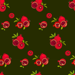 red pomegranate fruits on green background, vector seamless pattern.  for printing on fabrics, decor, backgrounds.