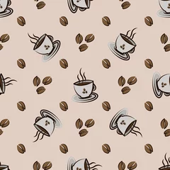 Behang Koffie koffiebonen en kopjes. Vector naadloos patroon