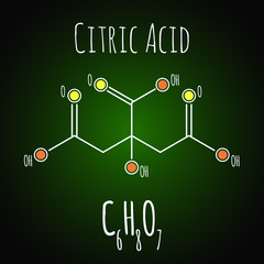 Citric acid structural skeletal chemical formula on dark background