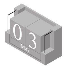 May 3rd date on a single day calendar. Gray wood block calendar present date 3 and month May isolated on white background. Holiday. Season. Vector isometric illustration