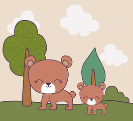 cute bears animals in landscape scene nature
