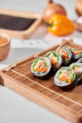 Korean roll Gimbap(kimbob) made from steamed white rice (bap) and various other ingredients