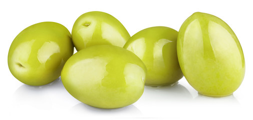 Delicious green olives, isolated on white background