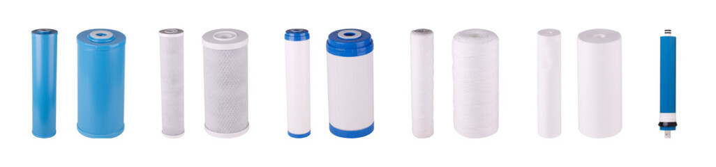 Set of filters isolated on white background. Polypropylene thread, Foamed, Pressed, granulated coal, Cation exchange resin, Polyphosphate. Reverse Osmosis Membrane. Purifies water chlorine.