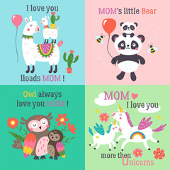 Mother's day cute animals set with llama, unicorn, panda bear and owl.