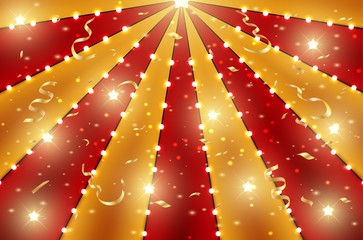 Circus top background of red and gold lines stripe with star constellations, light bulbs and tinsel. Retro sun beam ray template for banner, invitation flyer. Vintage fun fair burst carnival poster