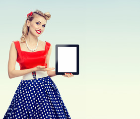 woman, showing blank no-name tablet pc monitor, with copyspace