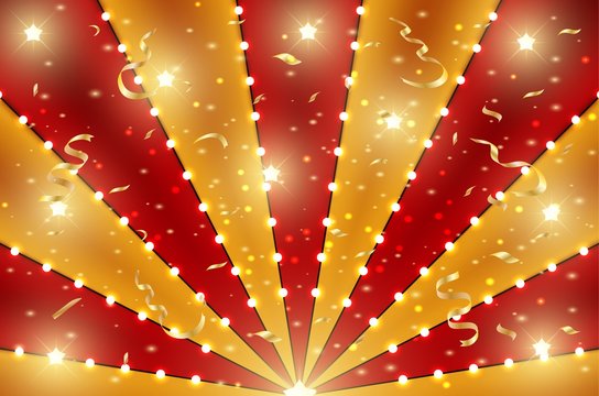 Circus bottom background of red and gold lines stripe with star constellations, light bulbs and tinsel. Retro sun beam ray template for banner, invitation flyer. Vintage fun fair burst carnival poster