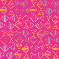 Hand drawn funky neon blue, yellow, pink triangles with dot texture. Vector tribal seamless pattern on neon magenta background. Great for wellness, products, fabric, packaging, stationery, home decor