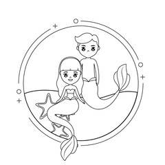 cute couple mermaids with sea in frame circular