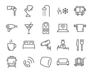 set of hotel icons, such as  dormitory, apartment, bed, room, service, hostel, park