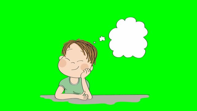  Small cute boy daydreaming, imagining something. Original hand drawn animation of boy with closed eyes, dream bubbles appearing above his head.