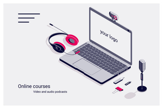 Isometric flat template home page of online courses with laptop, flash drive, microphone and headphones.